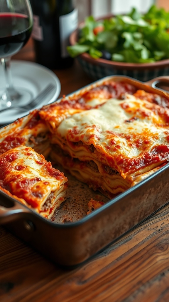 A delicious homemade lasagna with bubbling cheese and rich meat sauce, served on a rustic table with a side salad.